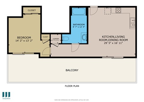 Floor plan for 1 bed, 1 bath, 608 sqft